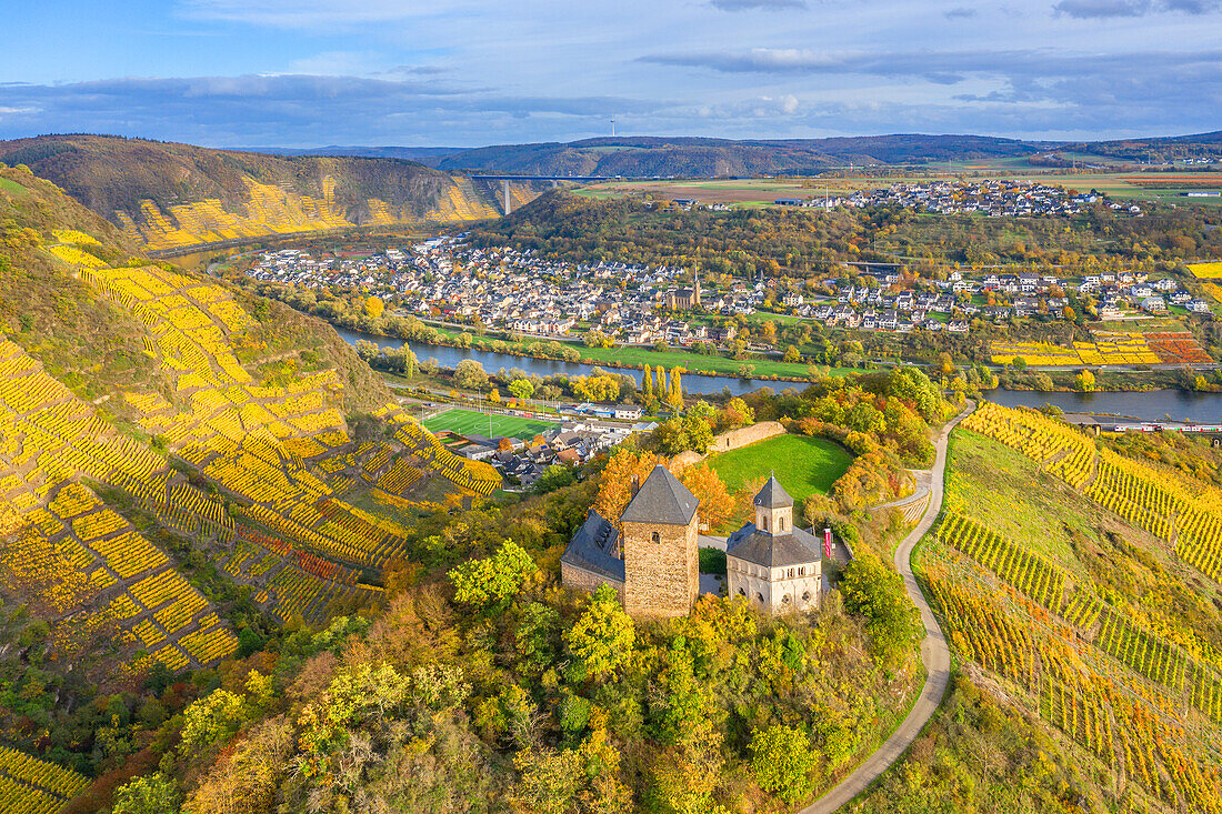 Aerial view of the Upper Castle and Matthias Chapel, Kobern-Gondorf, Moselle, Rhineland-Palatinate, Germany