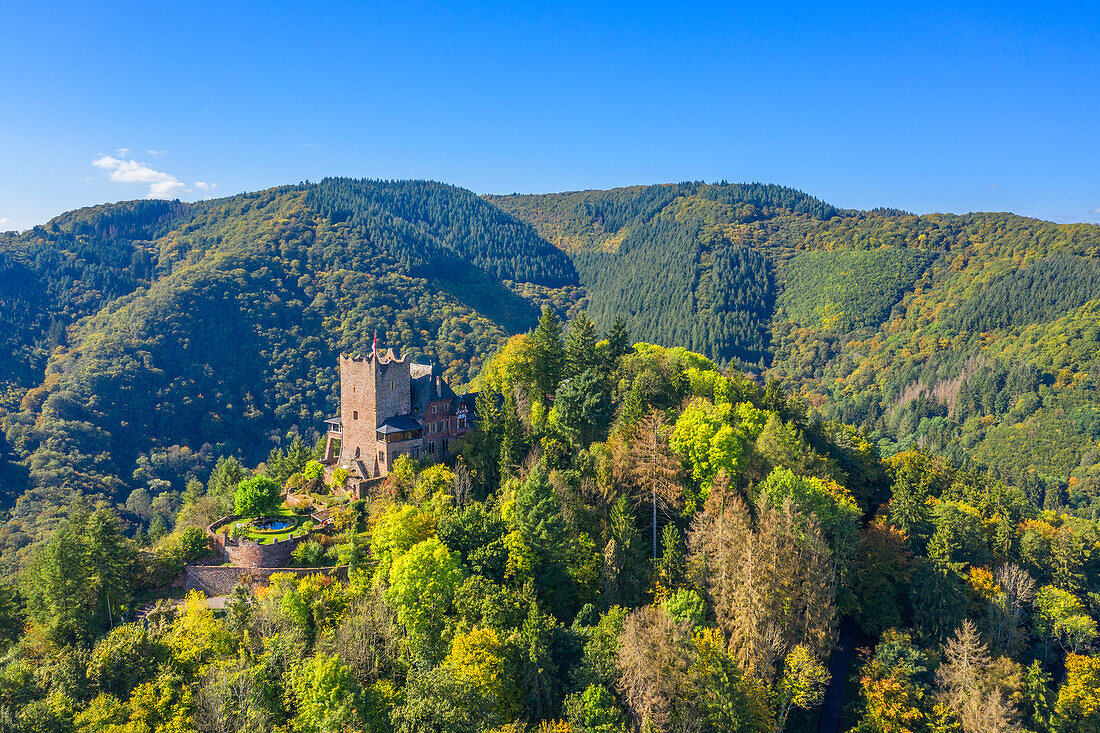 Luftansicht der Burg Arras bei Alf, Mosel, Rheinland-Pfalz, Deutschland