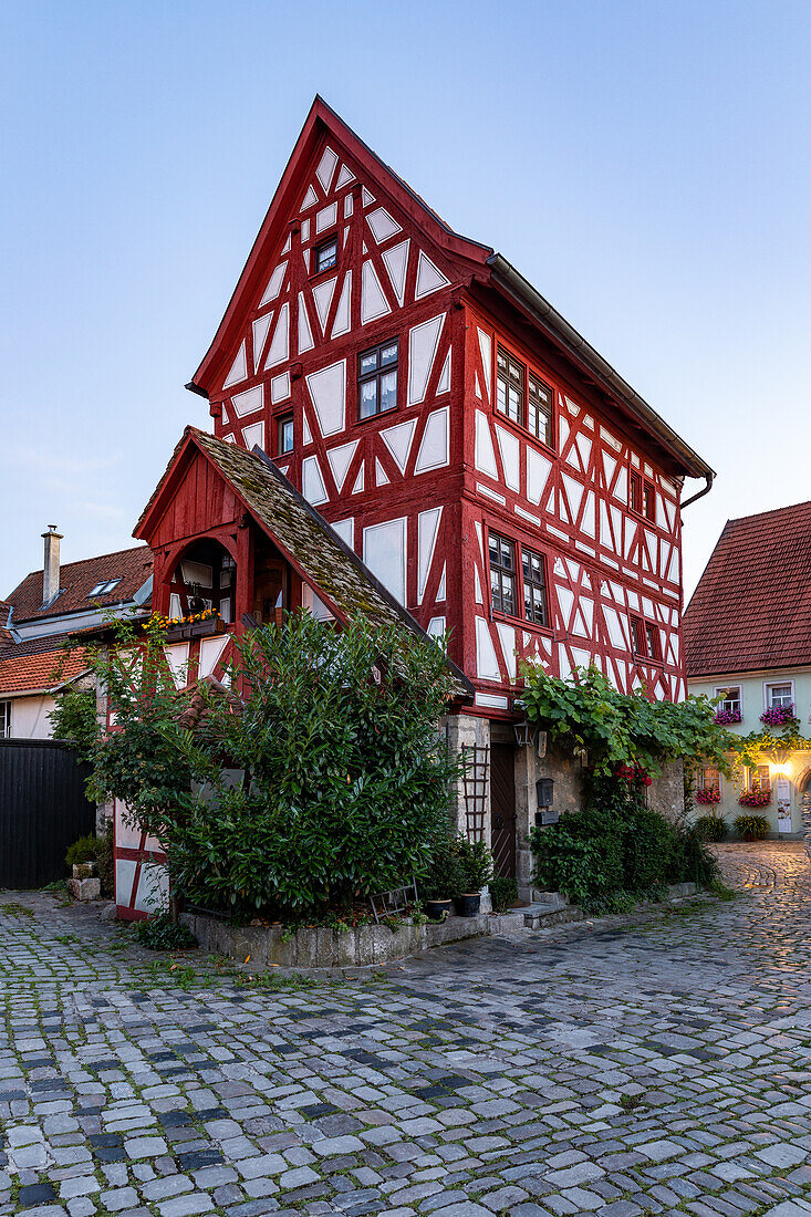 Old half-timbered house at the blue hour, Sommerhausen, Würzburg, Lower Franconia, Franconia, Bavaria, Germany, Europe