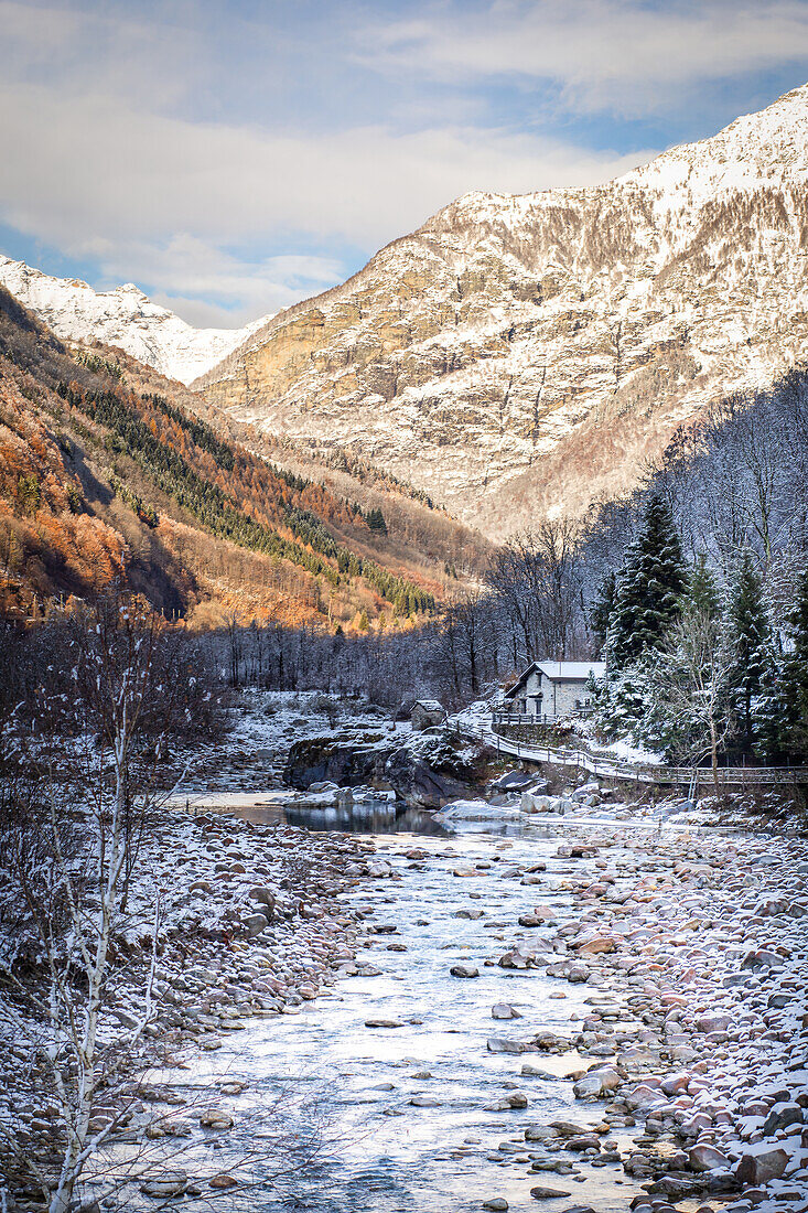 Dreamlike winter landscape in Val Verzasca, Brione, Ticino, Switzerland, Europe