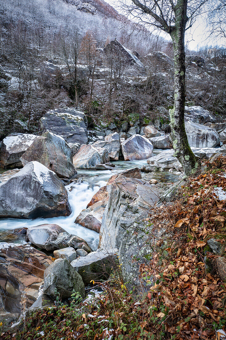 Dreamlike winter landscape in Val Verzasca, Brione, Ticino, Switzerland, Europe