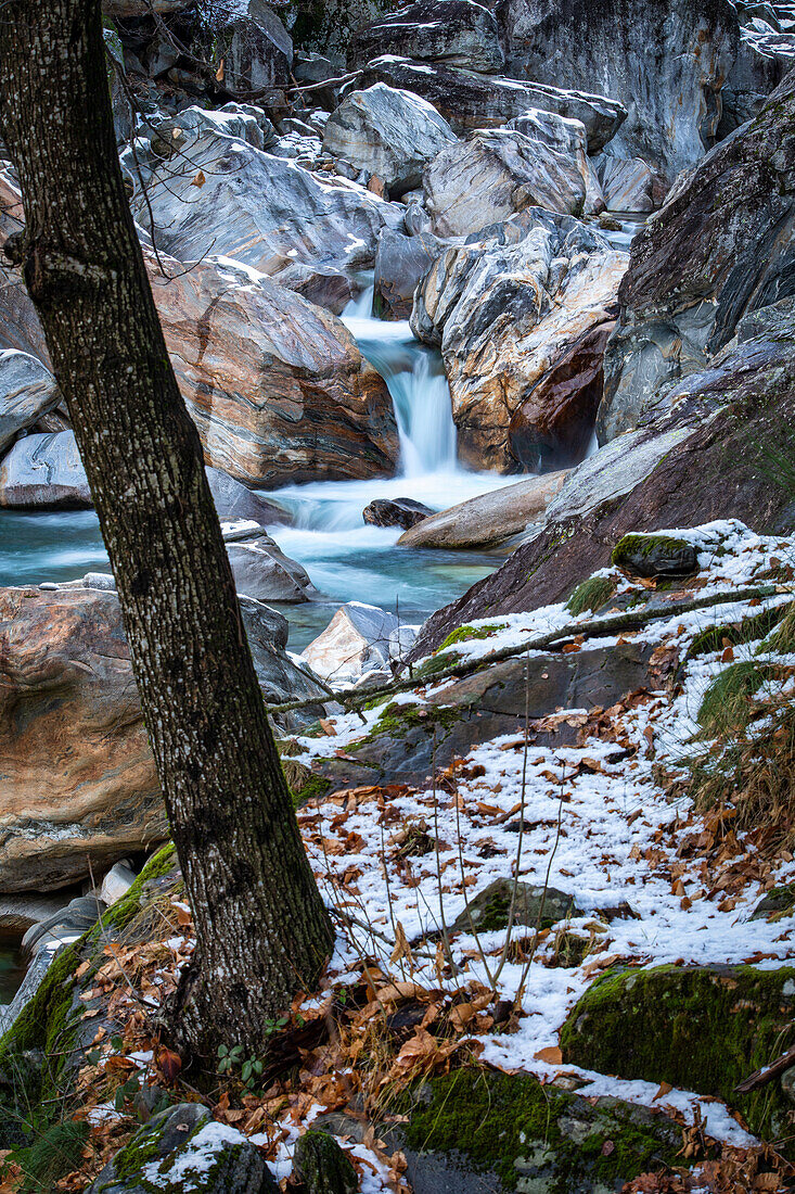 Dreamlike winter landscape in Val Verzasca, Brione, Ticino, Switzerland, Europe