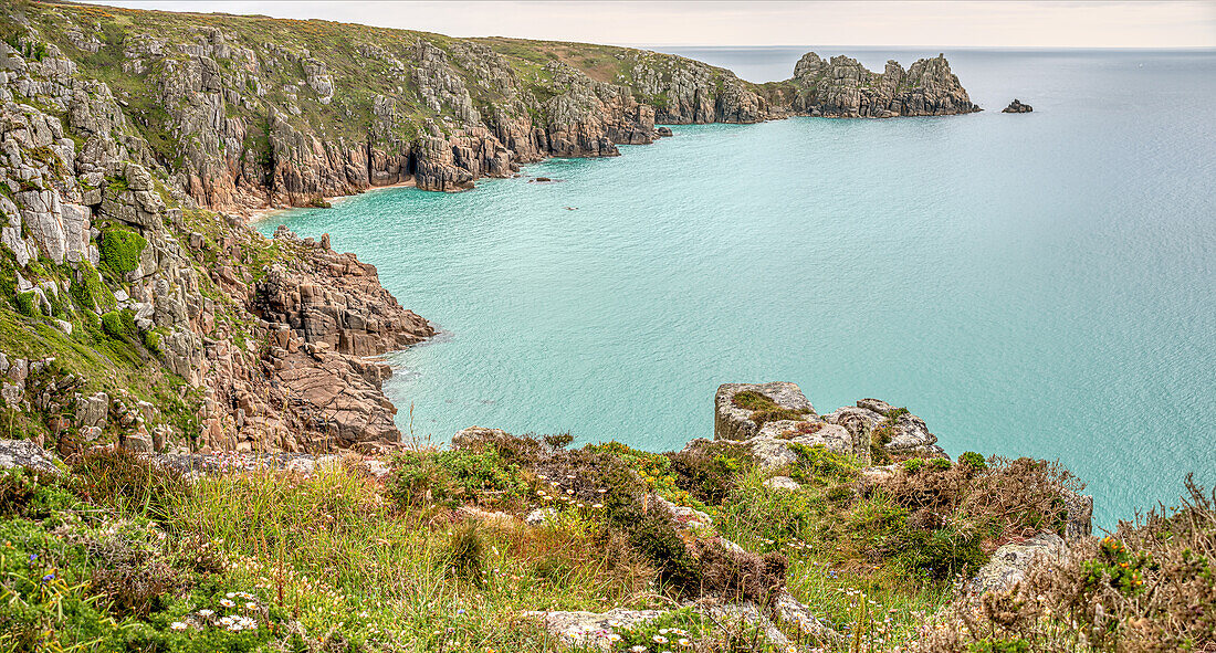 View of the scenic coastline near Porthcurno, Cornwall, England, UK