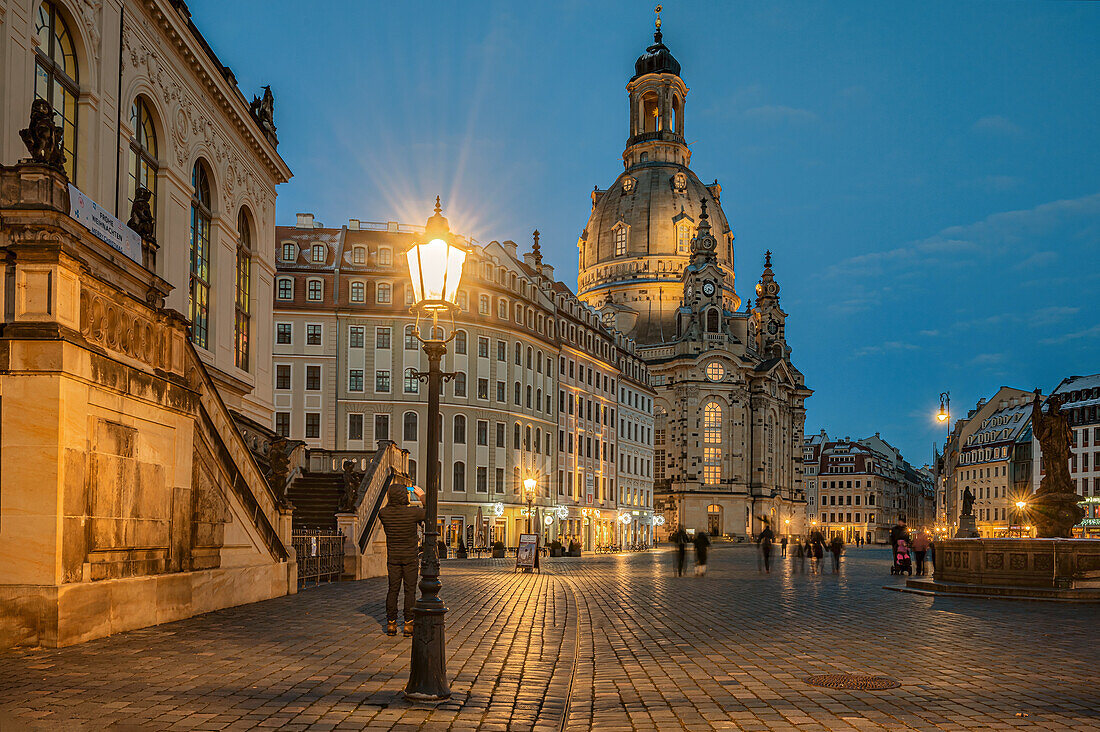 Night shot of Dresden Frauenkirche at Neumarkt, Saxony, Germany