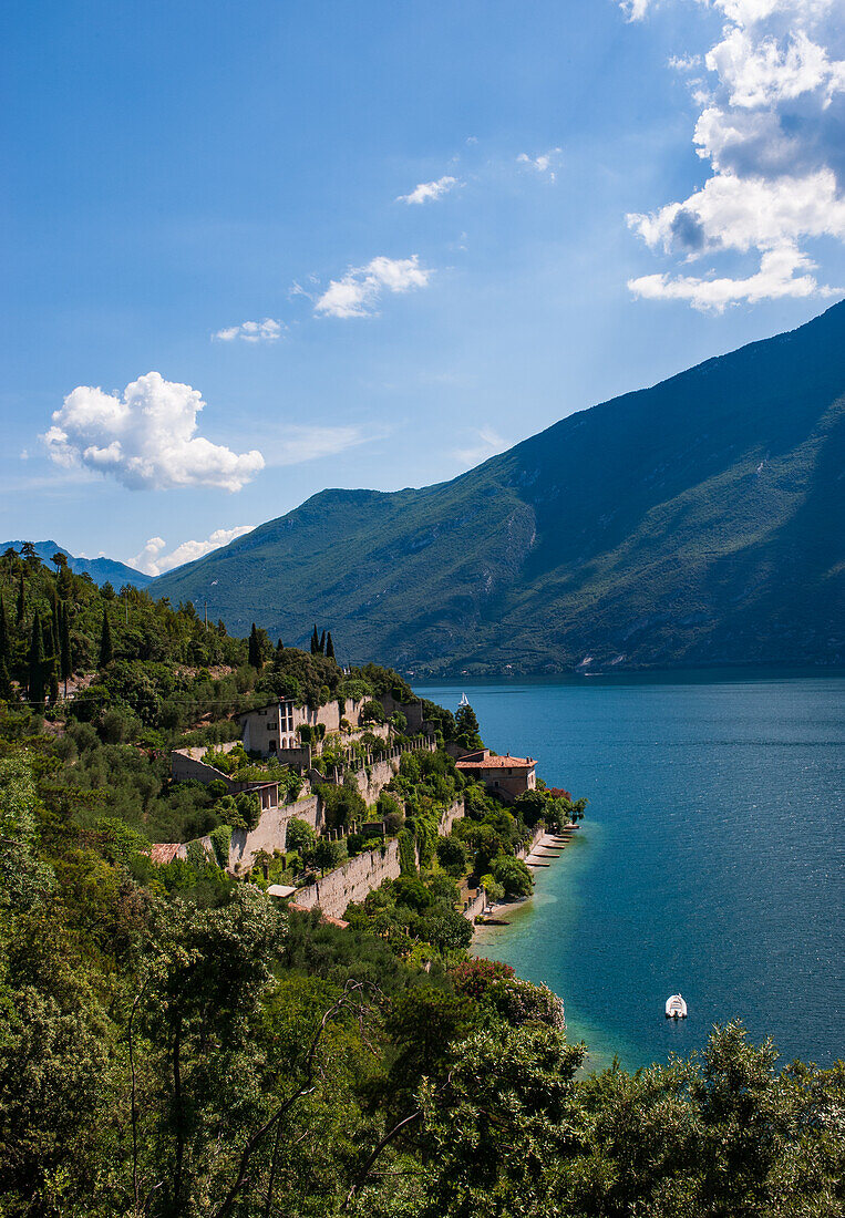 Ancient lemon houses overlooking Lake Garda in Limone sul Garda, a very popular tourist destination. Brescia. Lombardy. Italy