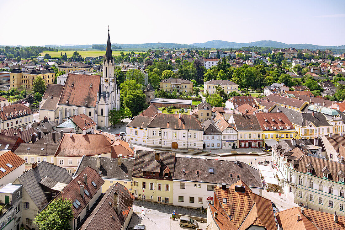 milking; Melk Abbey; View from the monastery terrace, parish church of the Assumption of the Virgin Mary, church square, Linzer Straße