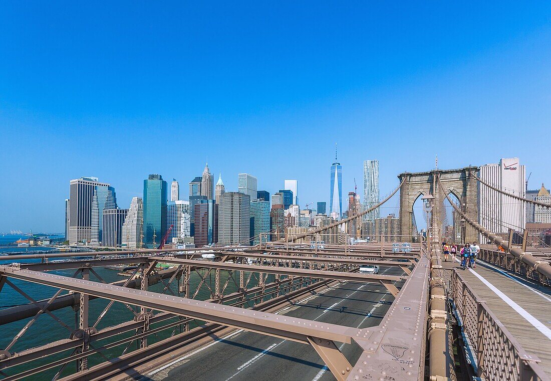 New York City, Manhattan, Brooklyn Bridge, View of Financial District