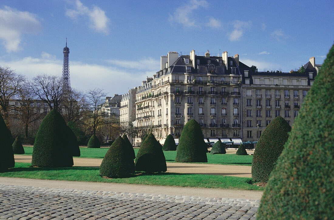 Formal garden in front of Esplanade Des Invalides with Eiffel Tower in the background, Paris, Ile-de-France, France
