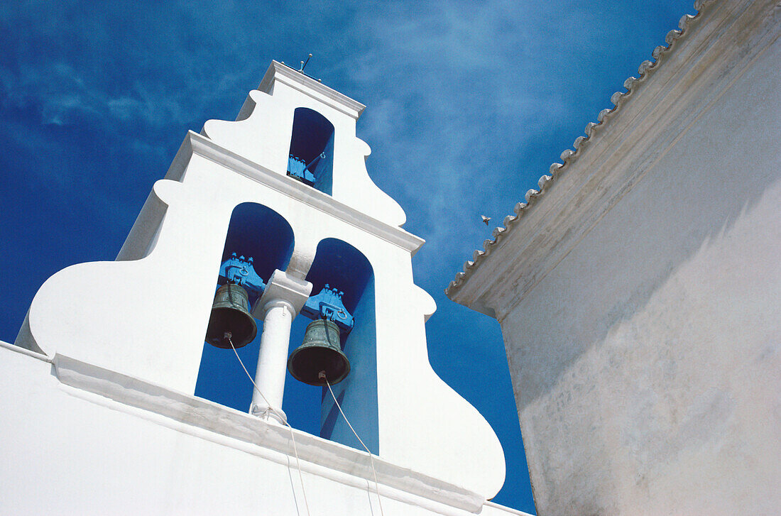 Low angle view of bell tower of a church, Santorini, Greece