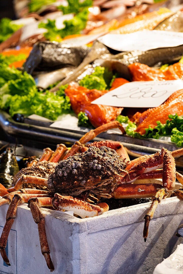Detail shot of a spider crab on the fish market in Venice, Veneto, Italy, Europe
