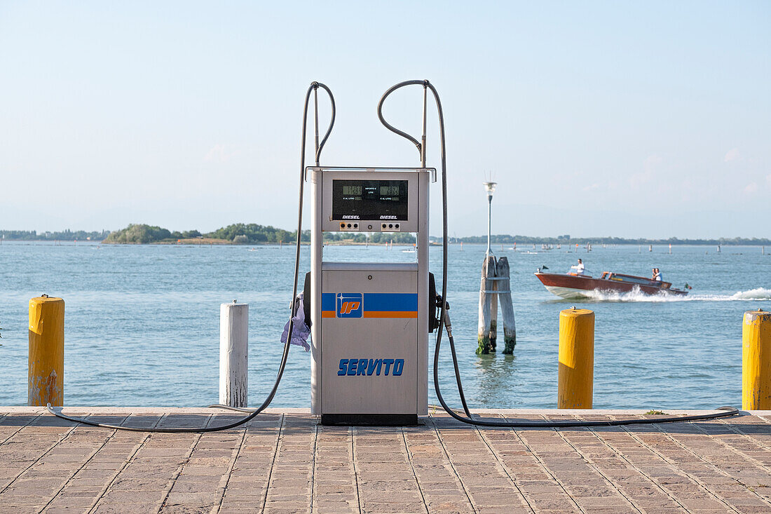 View of a gas station for boats on the Venice Lagoon, Venice, Venezia, Veneto, Italy, Europe
