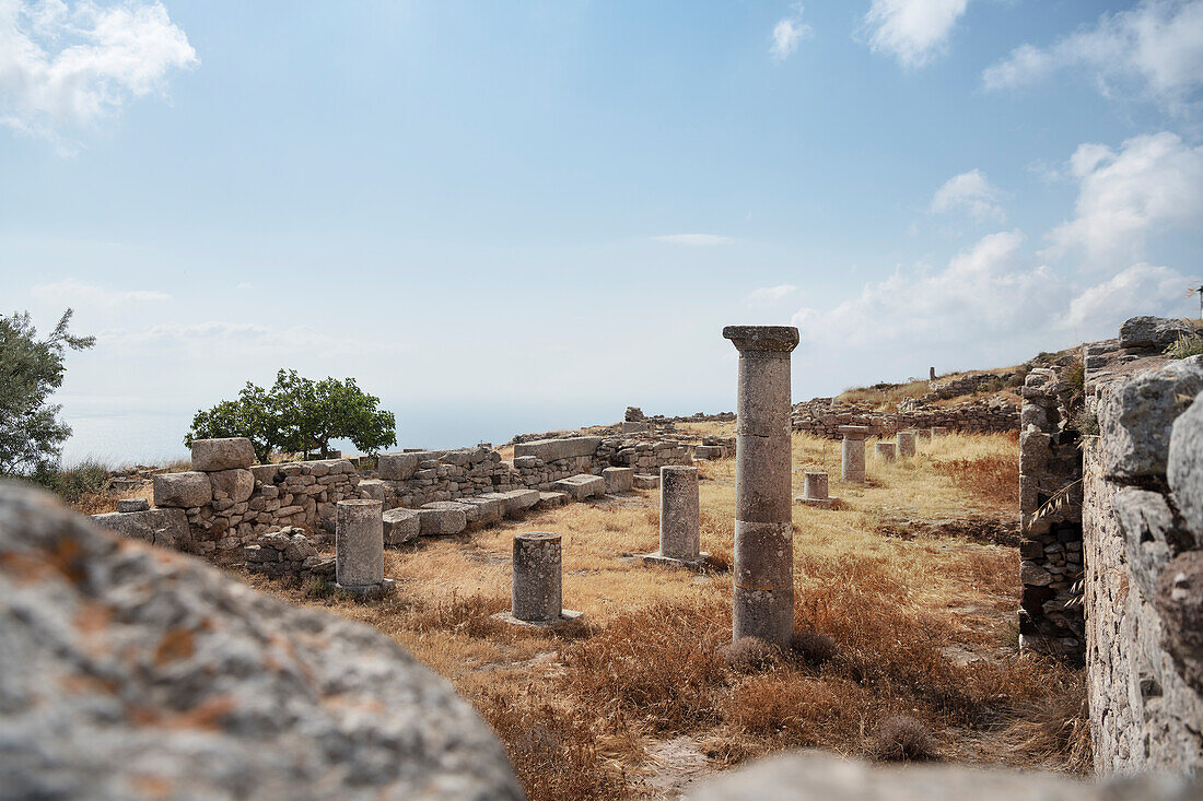 View of the Aegean Mediterranean Sea from the ancient ruins of the
