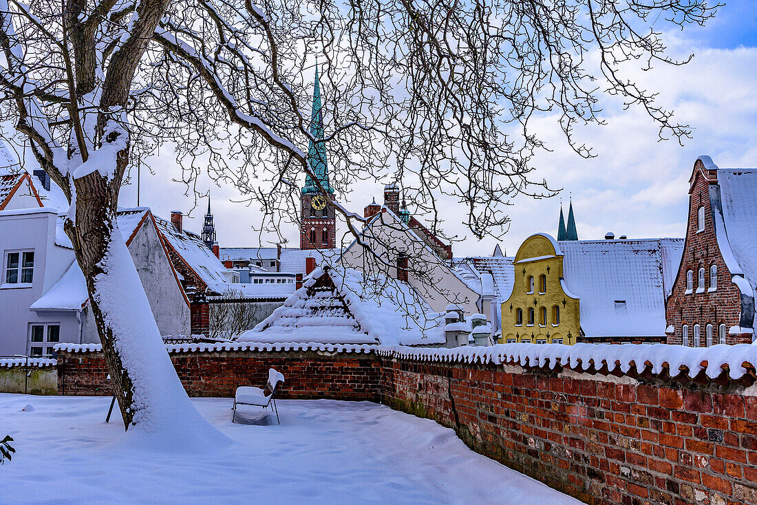 Snow-covered wall at the cafe at the Hanse Museum, Lübeck, Bay of Lübeck, Schleswig Holstein, Germany