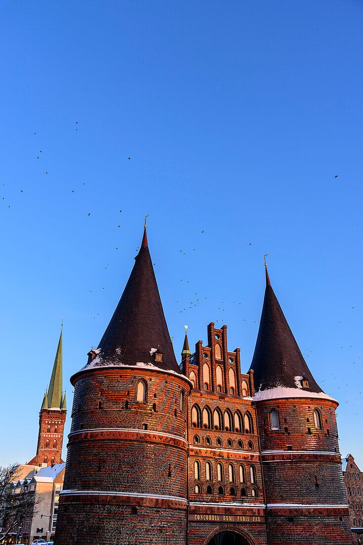 St. Petri Church at Holsten Tor with full moon, Lübeck, Bay of Lübeck, Schleswig Holstein, Germany