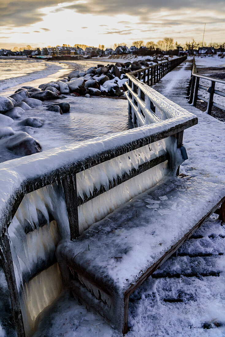 Iced railings at the port of Niendorf, Bay of Lübeck, Schleswig Holstein, Germany