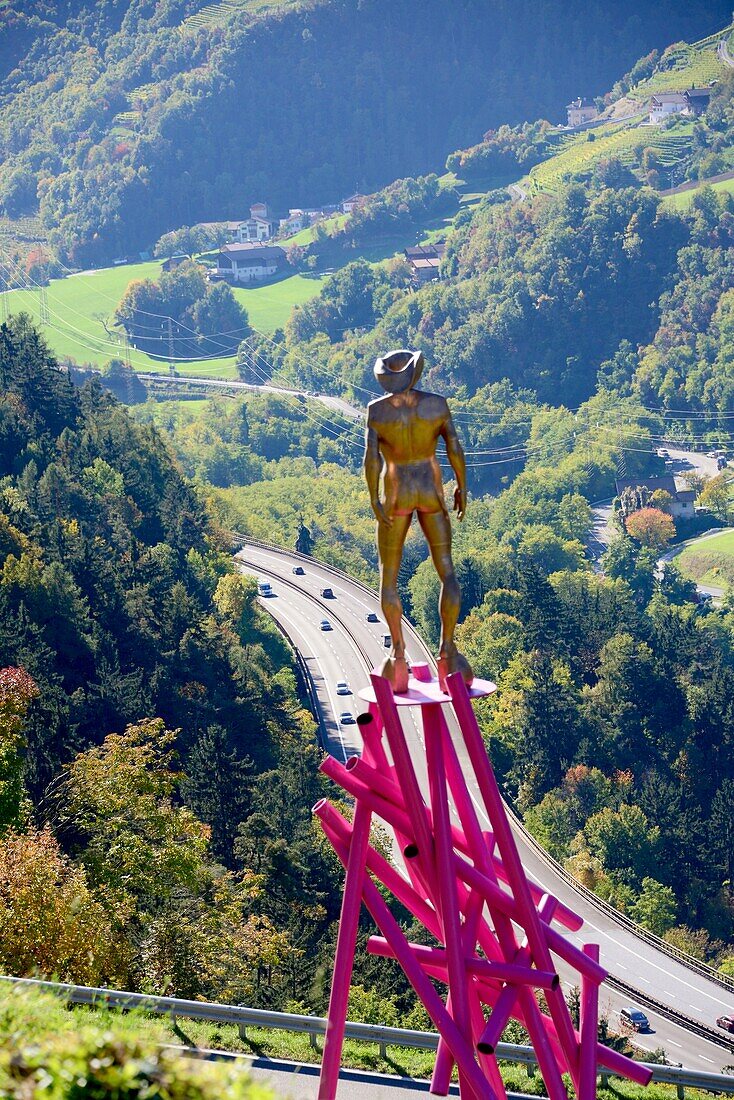 Art by Peter Senoner and Autobahn near Chiusa, Isarco Valley, South Tyrol, Italy