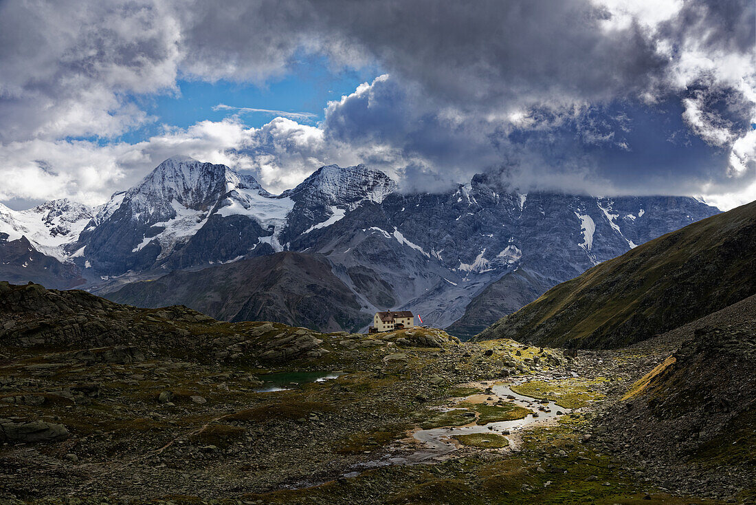 The Düsseldorfer Hütte in the Zaytal, Ortler area, Stelvio National Park, South Tyrol, Alto Adige, Italy