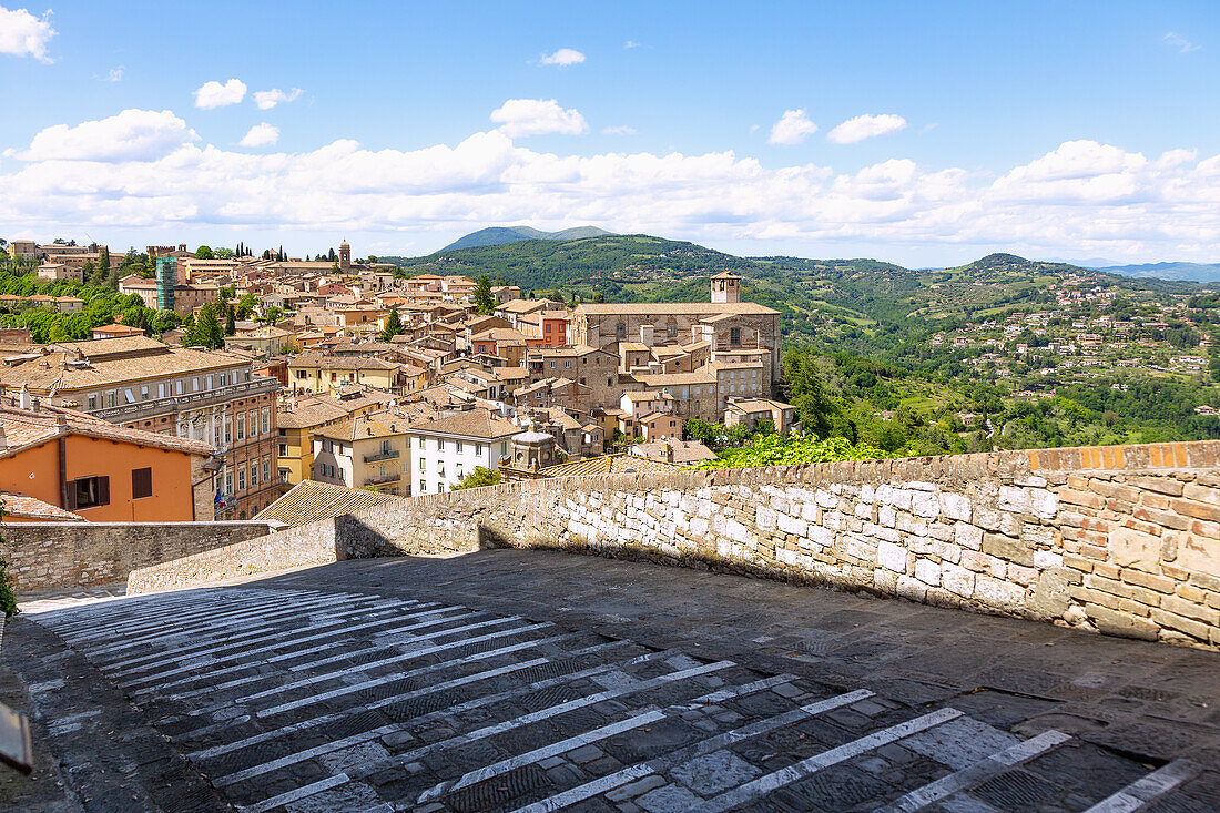 Perugia; View from Via delle Prome and Fortezza di Porta Sole to Monastero Santa Caterina and the hilly landscape
