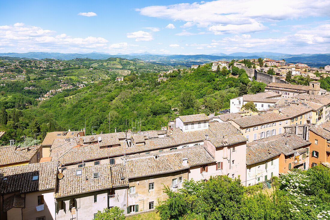 Perugia; View from Via delle Prome and Fortezza di Porta Sole to Santa Maria Nuova and the hilly landscape