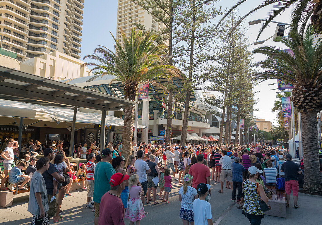 Crowd of people in city street of Surfers Paradise