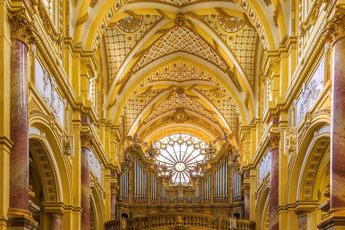 Kloster Ebrach, Abteikirche, gotische Fensterrose und Orgelprospekt, Bayern, Deutschland