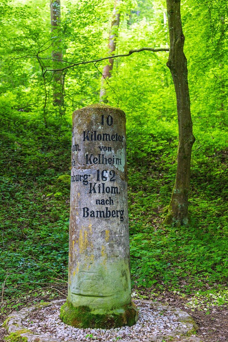 Altmühl-Panoramaweg, historischer Kilometerstein 10 Kelheim Bamberg, Bayern, Deutschland