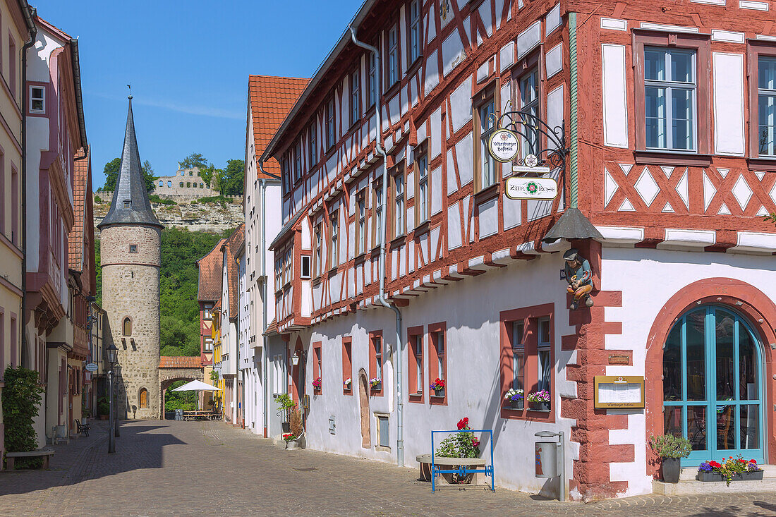 Karlstadt, Maingasse with Maintor and a view of Karlsburg