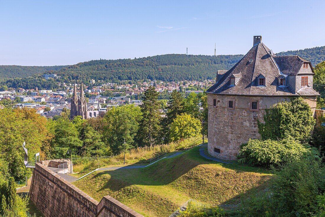 Marburg an der Lahn, landgrave castle, witch tower in the castle park, view of the lower town and the Elisabeth Church