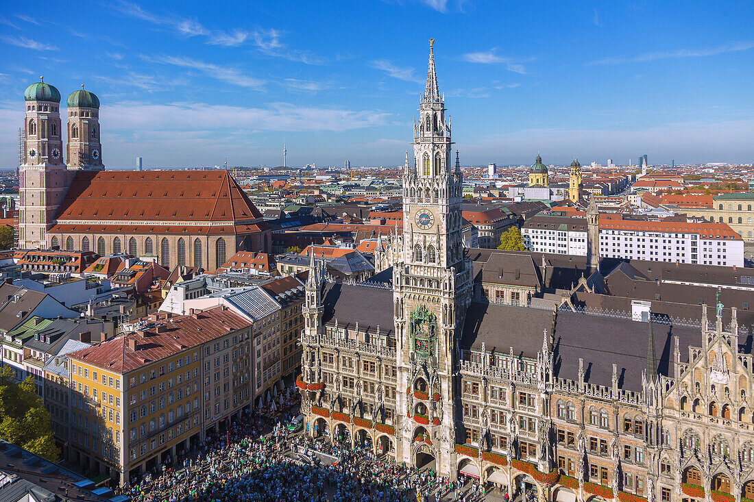Munich, old town, Marienplatz, New Town Hall, Cathedral Church of Our Lady, view from the St. Peter observation tower