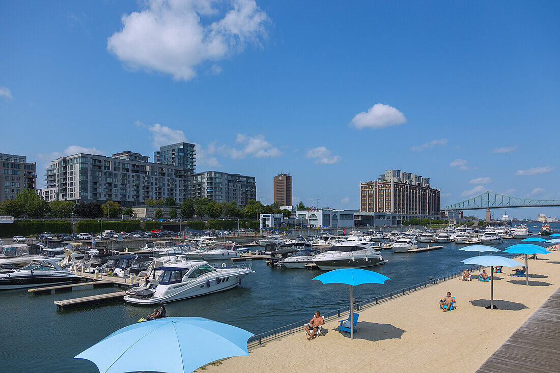 Montreal; Clock Tower Beach at the Old Port of Montreal, Paul-Cartier Bridge