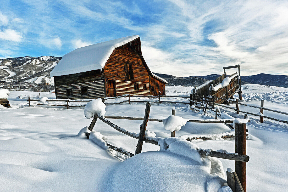 Steamboat Springs Colorado old wooden barn on snowy morning