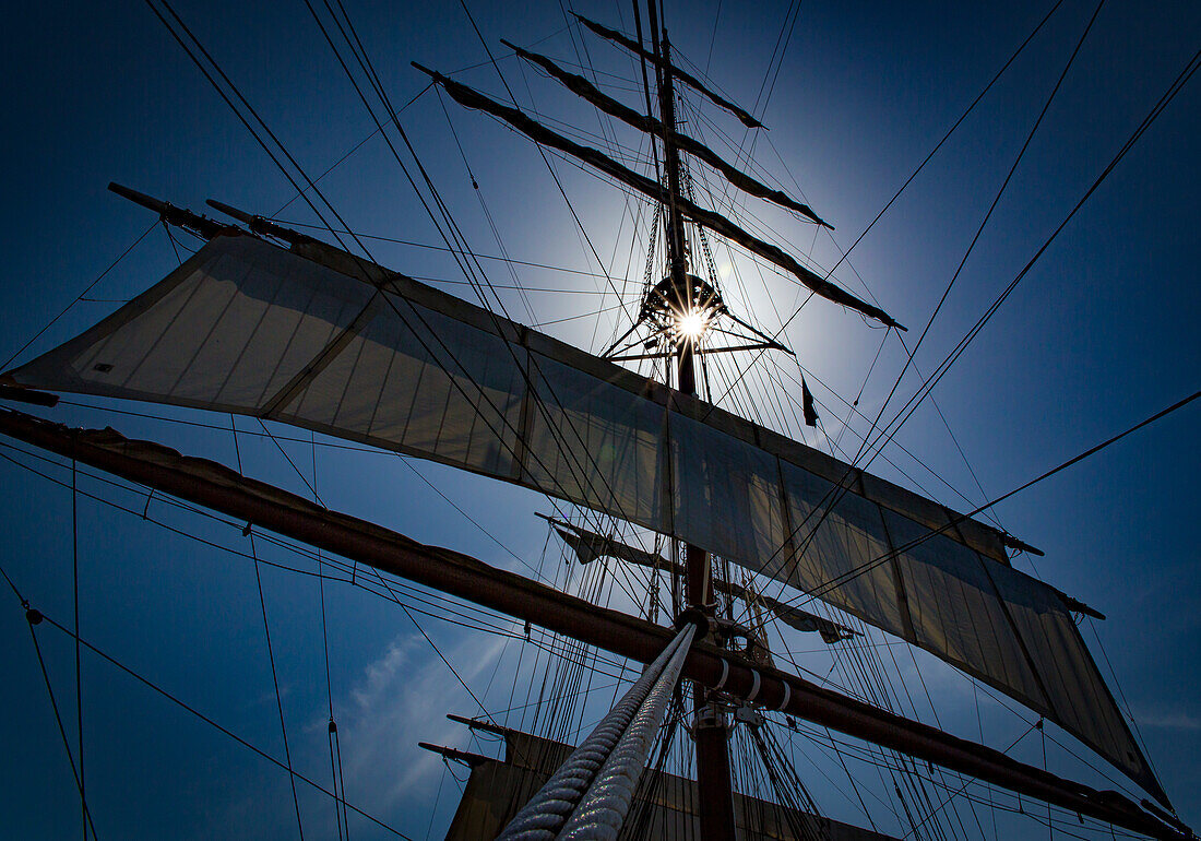 Looking up into rigging of tall ship Sea Cloud