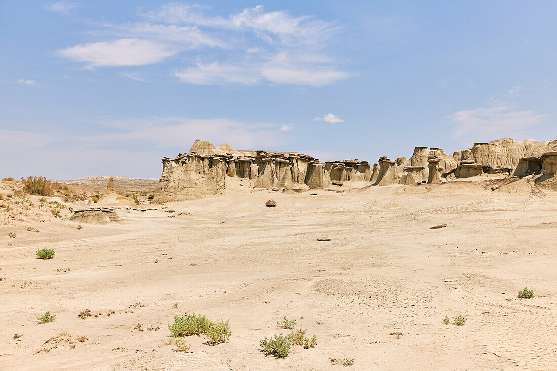 Weite Aufnahme von Sandstein-Hoodoos und einem klaren blauen Himmel im Ah-shi-sle-pah Wilderness Study Area in New Mexico. Das Gebiet liegt im Nordwesten von New Mexico und ist ein Badland-Gebiet mit sanften, wassergeschnitzten Lehmhügeln. Es ist eine Landschaft aus Sandsteinfelsen und malerischen olivfarbenen Hügeln. Wasser in diesem Bereich ist knapp und es gibt keine Wanderwege; Die Gegend ist jedoch landschaftlich reizvoll und enthält sanfte Farben, die anderswo selten zu sehen sind