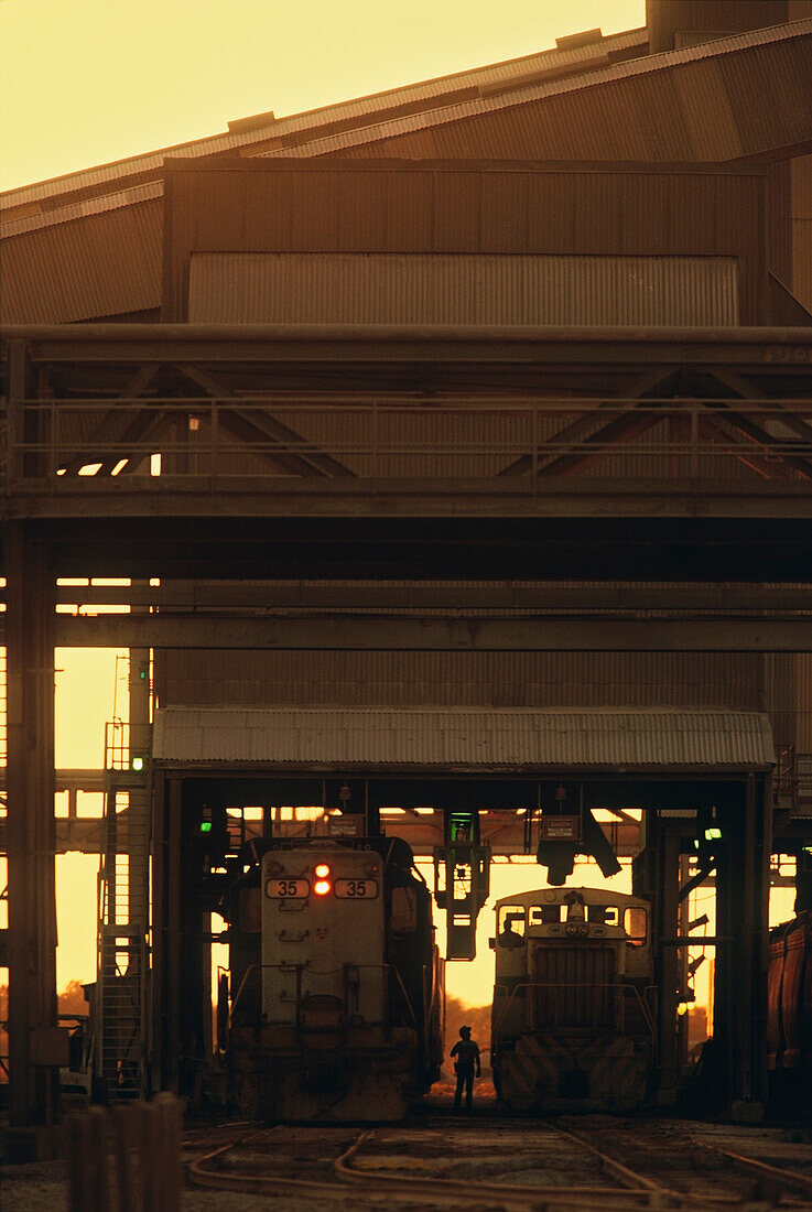 Trains loading fertilizer at a chemical plant, Yazoo City, Yazoo County, Mississippi, USA