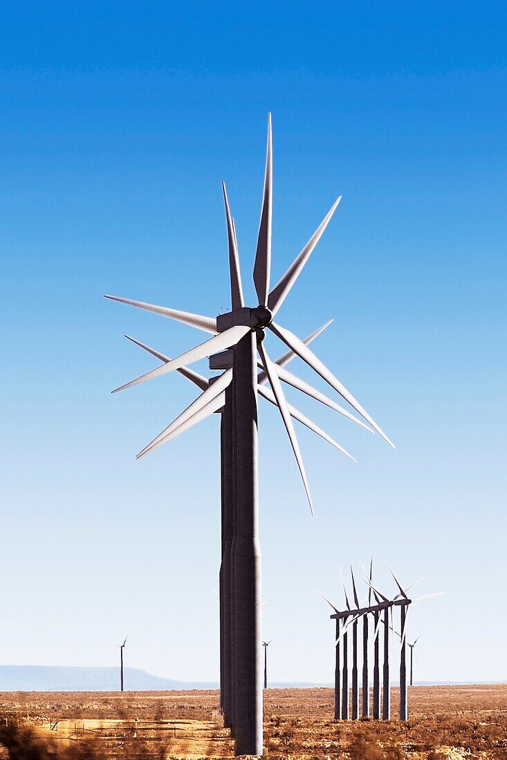 Windmühlen in einem Windpark, Texas, USA