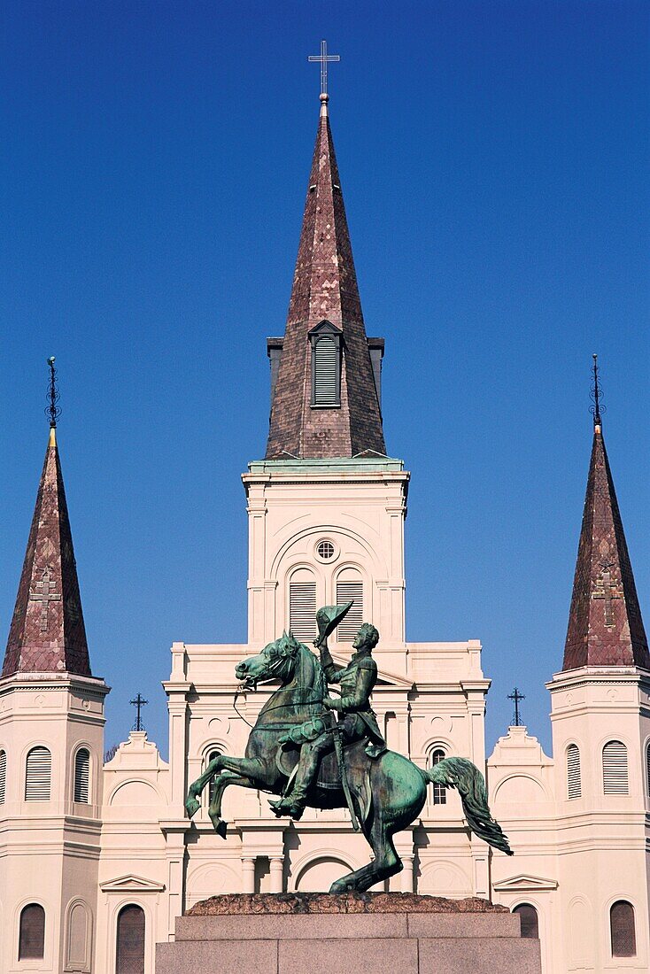 Sculpture of General Andrew Jackson in front of a cathedral, St. Louis Cathedral, Jackson Square, French Quarter, New Orleans, Louisiana, USA