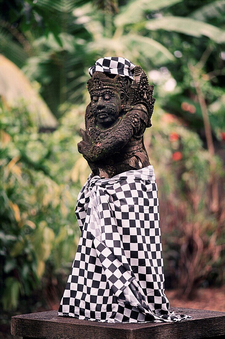 Statue of a warrior wearing a checkered skirt in the forest, Bali, Indonesia