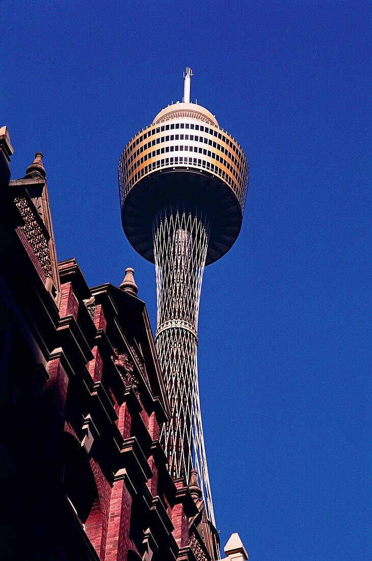 Niedrigen Winkel Blick auf einen Turm, Centrepoint Tower, Sydney, New South Wales, Australien
