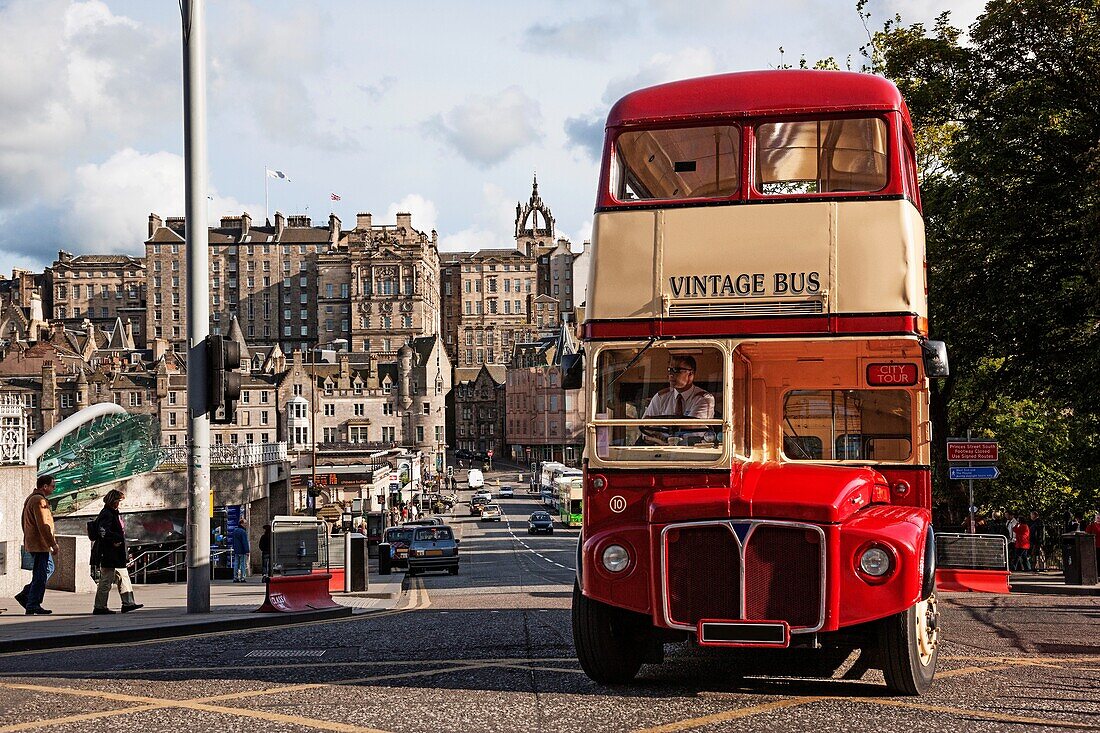 Vintage double-decker bus on the street in a city, Edinburgh, Scotland