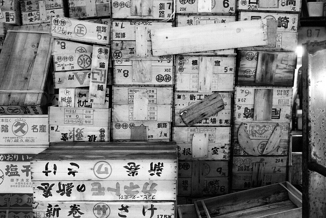 Japan, Tokyo, stack of shipping crates in Tsukiji fish market