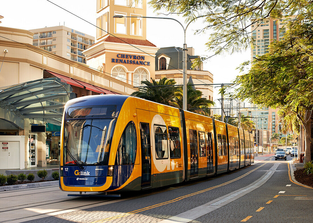 Tram travelling through the streets of Surfers Paradise