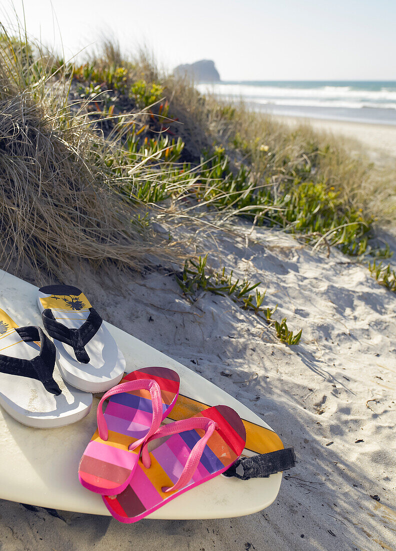 Flip flops resting on surfboard in the sand