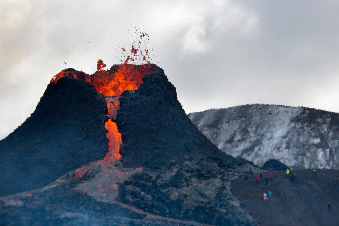 Reykjanes Peninsula, Iceland - March 23rd 2021: Volcanic eruption and heat haze Reykjanes Peninsula Iceland. Fagradalsfjall Volcano. Geldingadalir Eruption