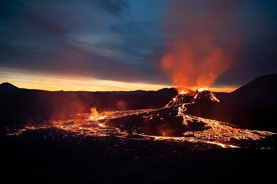 Reykjanes Peninsula, Iceland - March 27th 2021: Volcanic eruption Reykjanes Peninsula Iceland. Fagradalsfjall Volcano. Geldingadalir Eruption