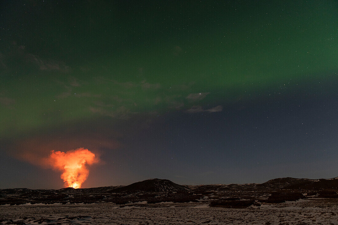 Reykjanes Peninsula, Iceland - March 31th 2021: Geldingadalir eruption and Northern Lights