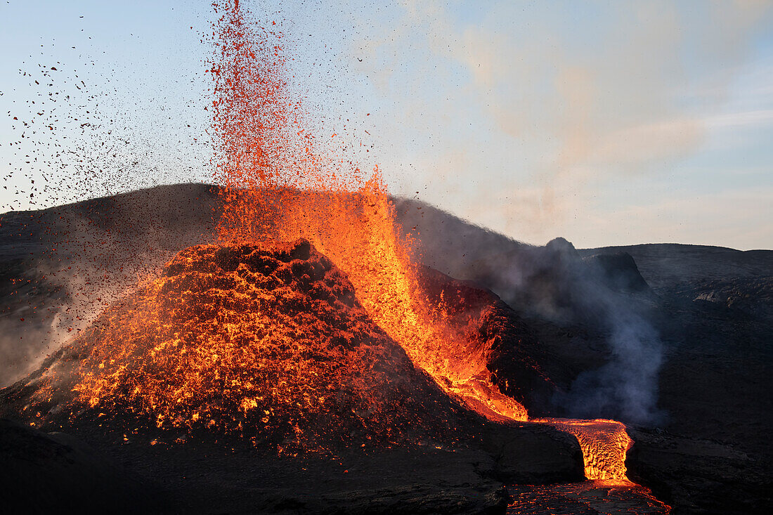 Reykjanes Peninsula, Iceland - May 4th 2021: Close up of Geldingadalir eruption lava