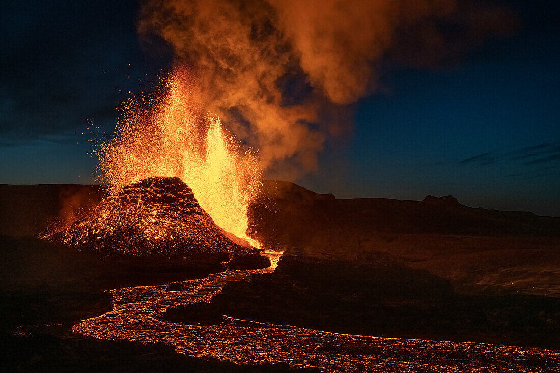 Reykjanes Peninsula, Iceland - May 4th 2021: Geldingadalir eruption and lava spray
