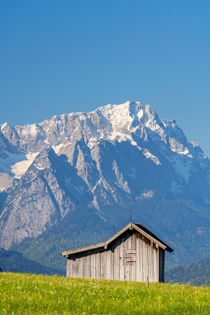 Blick auf Wettersteingebirge mit Zugspitze (2.962 m), Eschenlohe, Oberbayern, Bayern, Deutschland