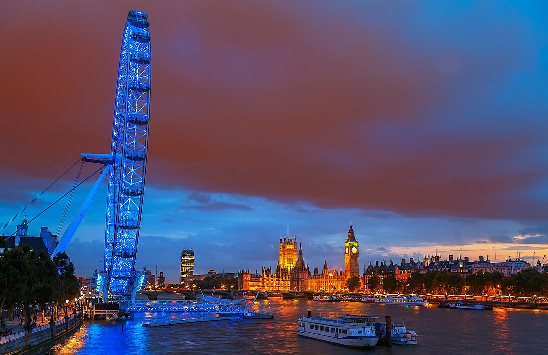 View of London Eye and Houses of Parliament, London, England, UK