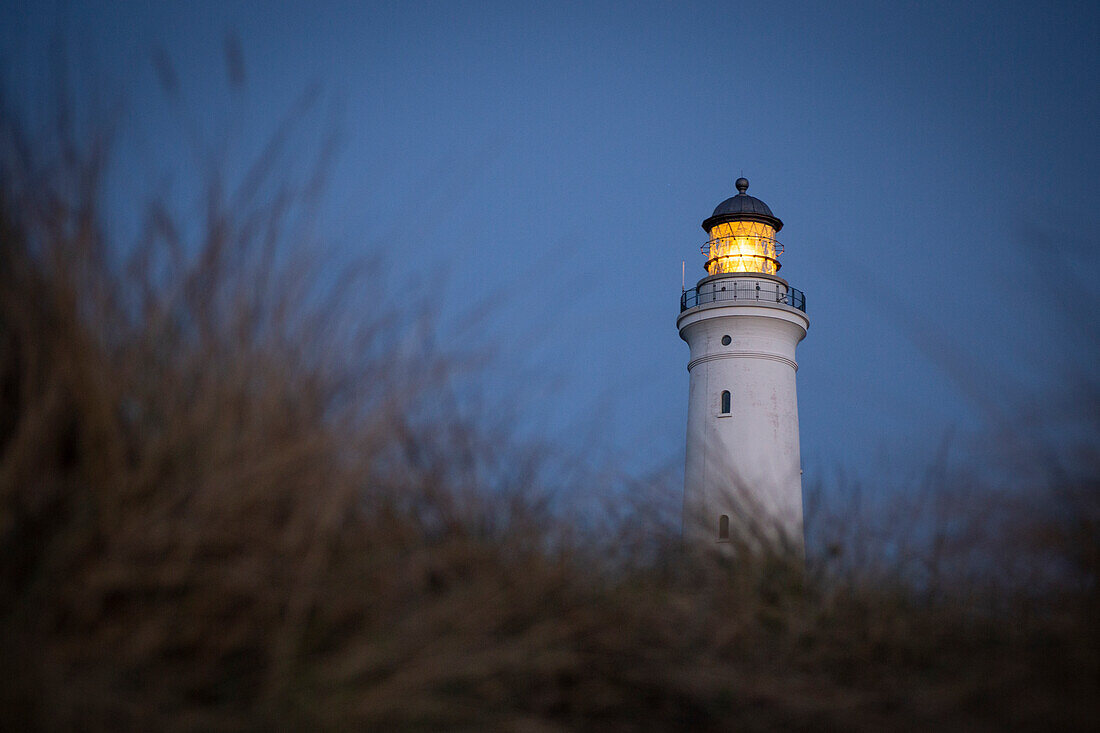 Hirtshals Lighthouse at the blue hour after sunset, Denmark